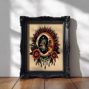 Sun and Moon Art Print – Vintage Celestial Illustration with Stars